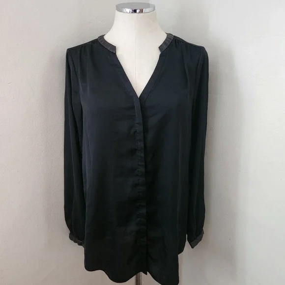 DKNY Black Satin Blouse with Faux Leather Trim Women's Size Small - Picture 1 of 5